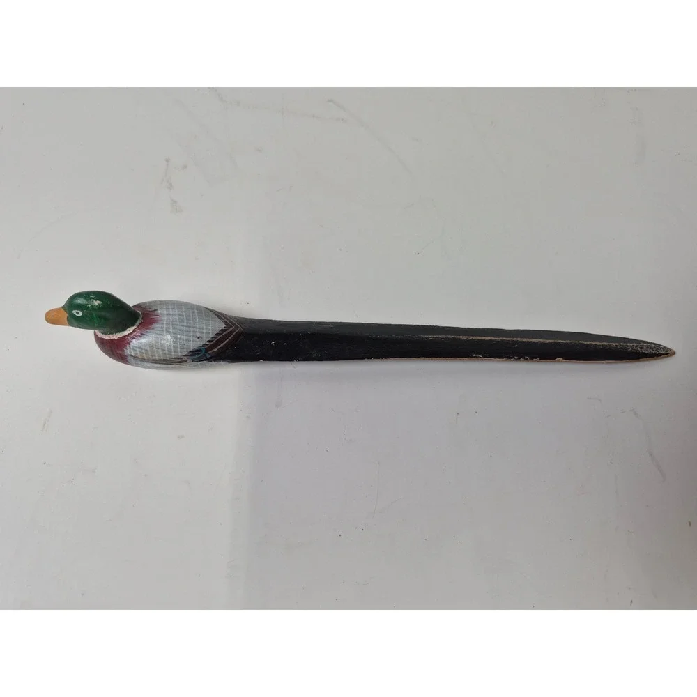 Vintage Hand Painted Wooden Mallard Duck Letter Opener Rustic Desk Accessory 7.5